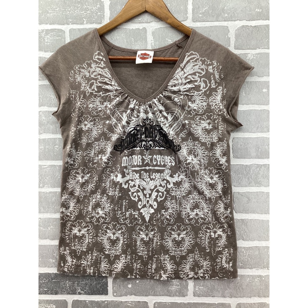 Harley-Davidson Womens V-Neck Graphic Tee Brown Damask Smoky Mountain Small
